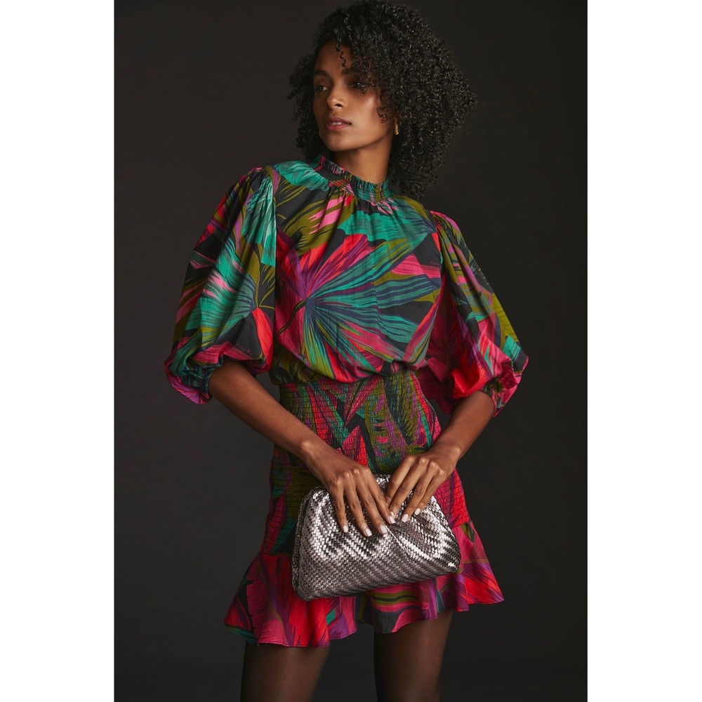 Farm Rio Tropical Palm‎ Leaf Smocked Puff Sleeve Mini Dress XL Vacation Resort
